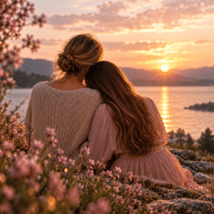 Mutter und erwachsene Tochter sitzen eng beieinander am See im Abendlicht.