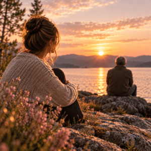 Eine Frau blickt zu ihrem Vater am See im warmen Abendlicht.